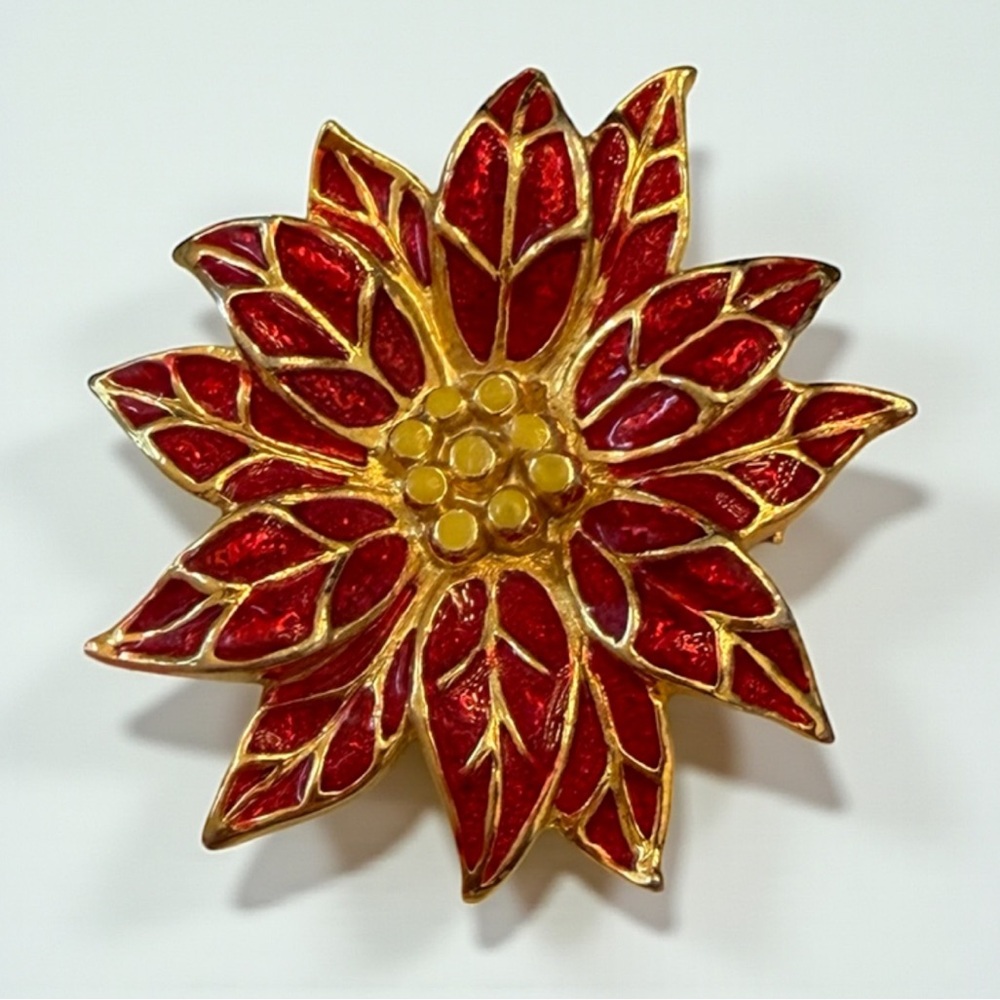 Vintage Holiday Festive Red & Gold Poinsettia Brooch